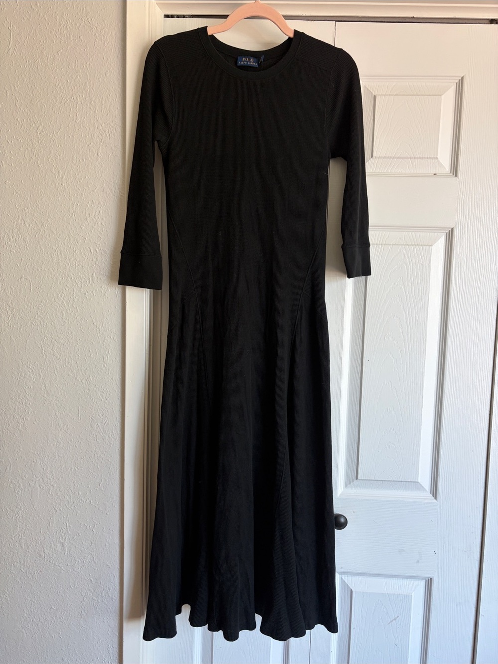 POLO RALPH LAUREN Waffle-Knit Midi Maxi Dress in Black 3/4 sleeves - Picture 5 of 12